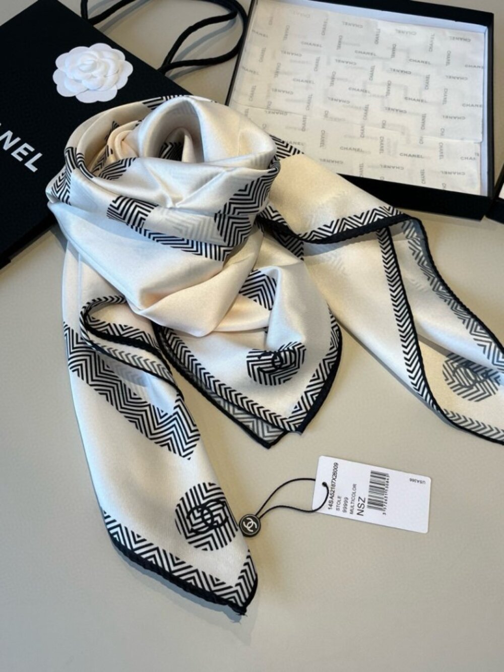 CHANEL Ivory Chevron CC Silk Scarf
